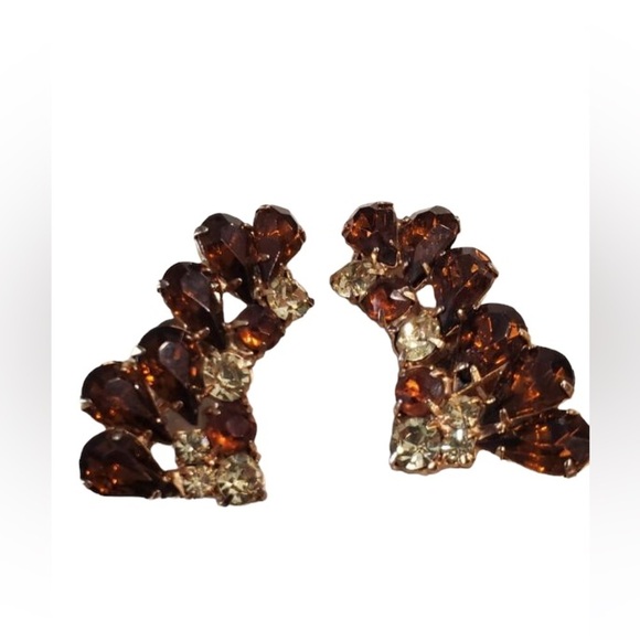Jewelry - Vintage Smokey topaz canary diamond simulated rhinestone earrings with clip back